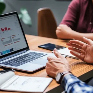 Två personer diskuterar HR-system 2025 framför dator – fokus på användarvänlighet och moderna funktioner.