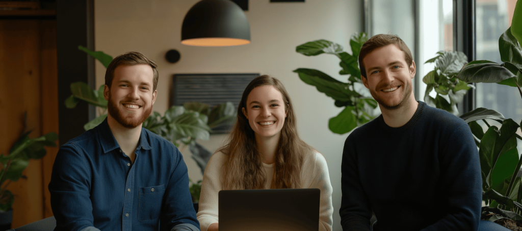 Glad nyanställd medarbetare under onboarding-processen välkomnas av kollegor på kontoret.