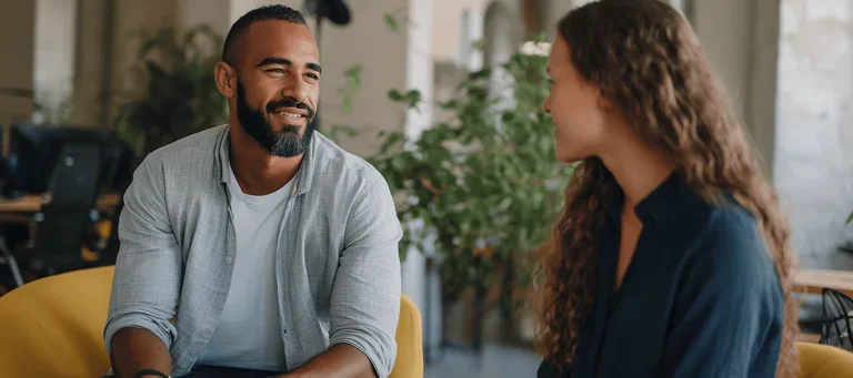 En man och kvinna har medarbetarsamtal