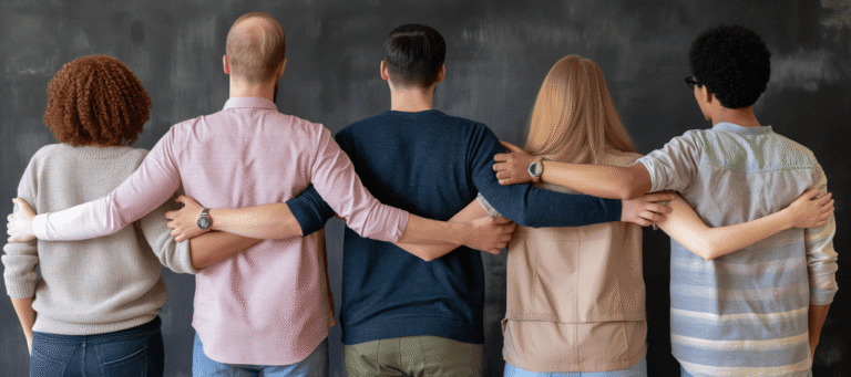 Personer står tillsammans med armarna runt varandra – symbol för lika rättigheter och inkludering enligt diskrimineringslagen.