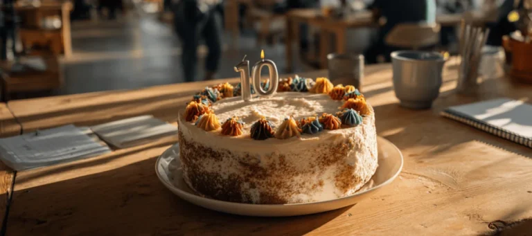 Tårta med ljus i form av siffran 10 som firar 10 år av OSA – organisatorisk och social arbetsmiljö